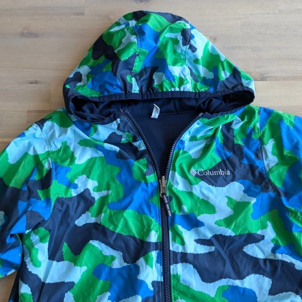 Columbia Reversible Hooded Windbreaker Jacket Boys Medium 10/12 Green Blue Camo